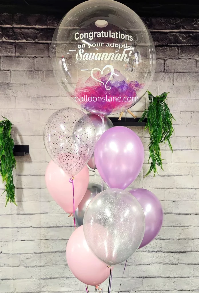 "Congratulations on Your Adoption" Bubble Balloon with Pink, Lavender, and Confetti Balloons in Brooklyn