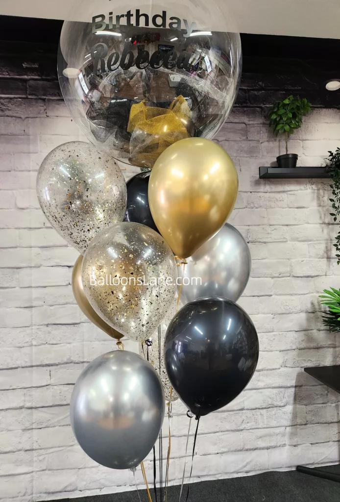Birthday Feather Balloons with Confetti, Gold, Silver, and Black Balloons, Along with Customized Birthday Balloons in Brooklyn