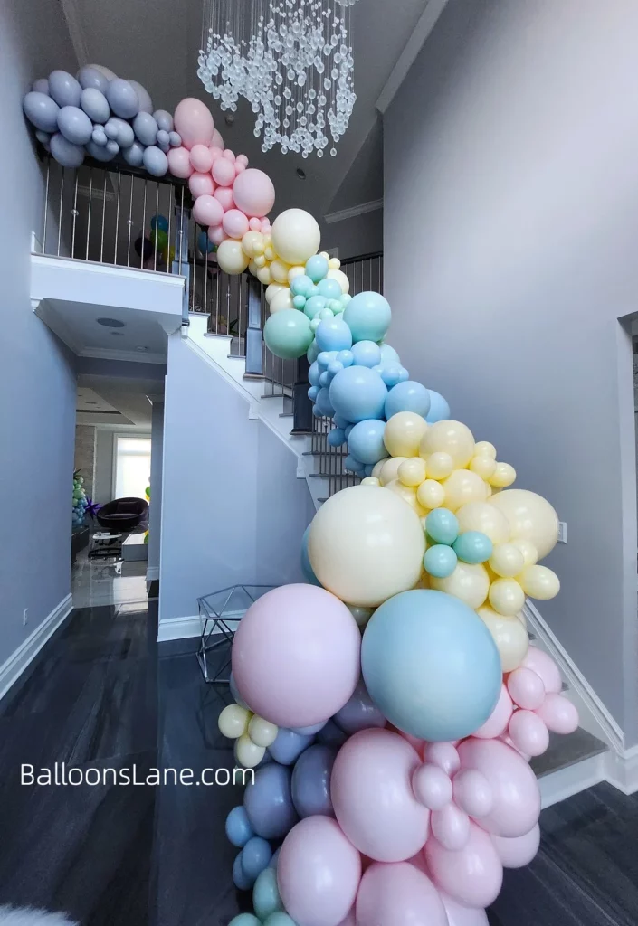 Pastel Pink, Yellow, Blue, and Light Green Balloon Garland Adorning a Manhattan Staircase Alt Text: A colorful balloon garland in pastel pink, yellow, blue, and light green, decorating a staircase in Manhattan Caption: Elevate your Manhattan staircase with this vibrant pastel balloon garland featuring shades of pink, yellow, blue, and light green! Description: This image showcases a beautiful balloon garland in a variety of pastel colors including pink, yellow, blue, and light green, gracefully adorning a staircase in Manhattan. The soft hues create a charming and whimsical atmosphere, perfect for brightening up any space. Whether it's a birthday party, baby shower, or a springtime celebration, this colorful balloon decor adds a cheerful touch to the staircase, enhancing the overall ambiance of the room. Celebrate in style with this delightful pastel balloon garland in Manhattan.