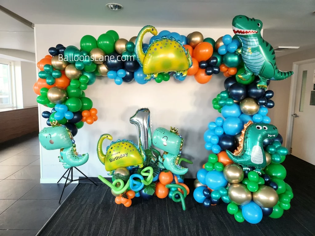Sea Theme Balloon Arch Centerpiece with Dinosaur Latex Balloons in Green, Orange, Blue, and Black for Birthday Party Celebration