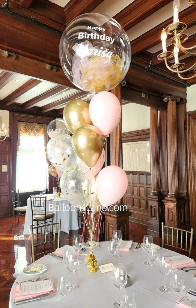 Birthday Balloon Bouquet with Customized Feather Balloons, Pink, Gold, Confetti Balloons in Brooklyn
