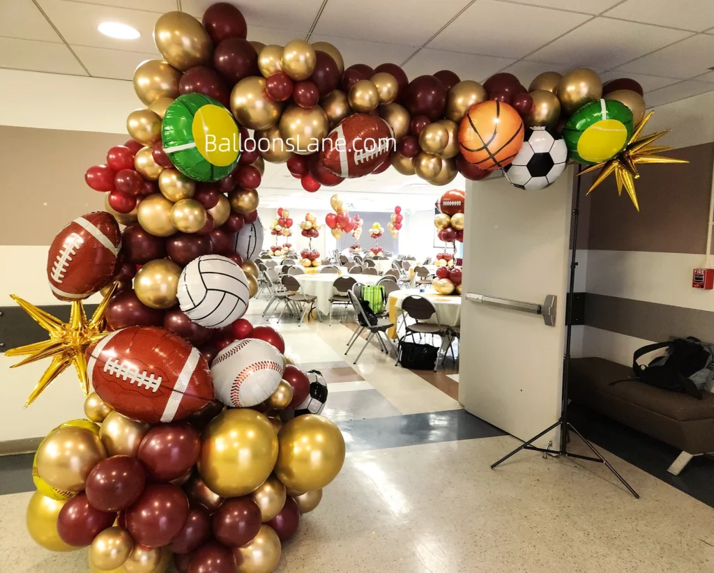 Maroon, Gold, Football Theme Balloon Arch with Gold Star Foil Balloon in NJ to Celebrate Birthday