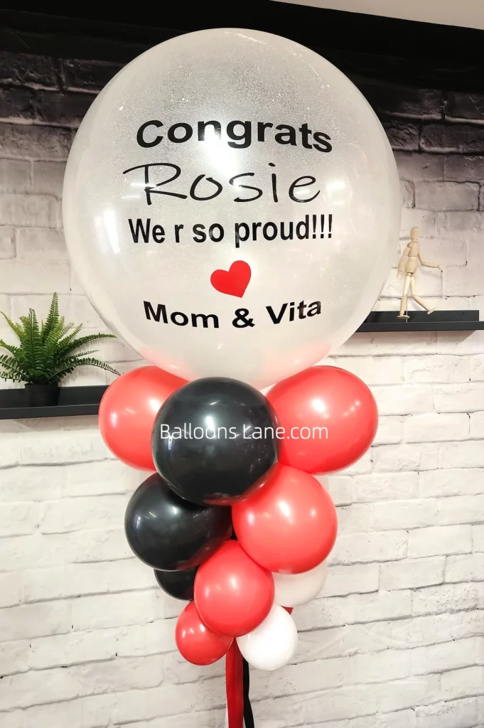 "Congrats, We're Proud of You Mom and Vita" Red, Black, and White Balloon Bouquet in NJ