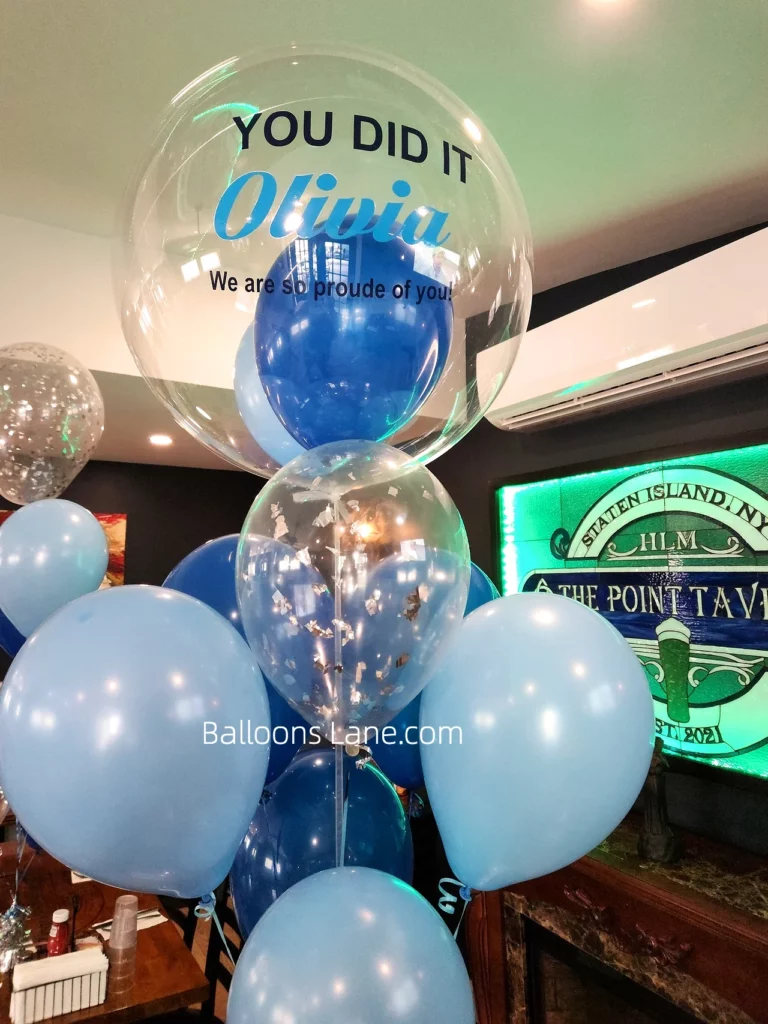 "You Did It" Clear Customized Balloon with Blue Latex and Silver Confetti Balloons in NJ