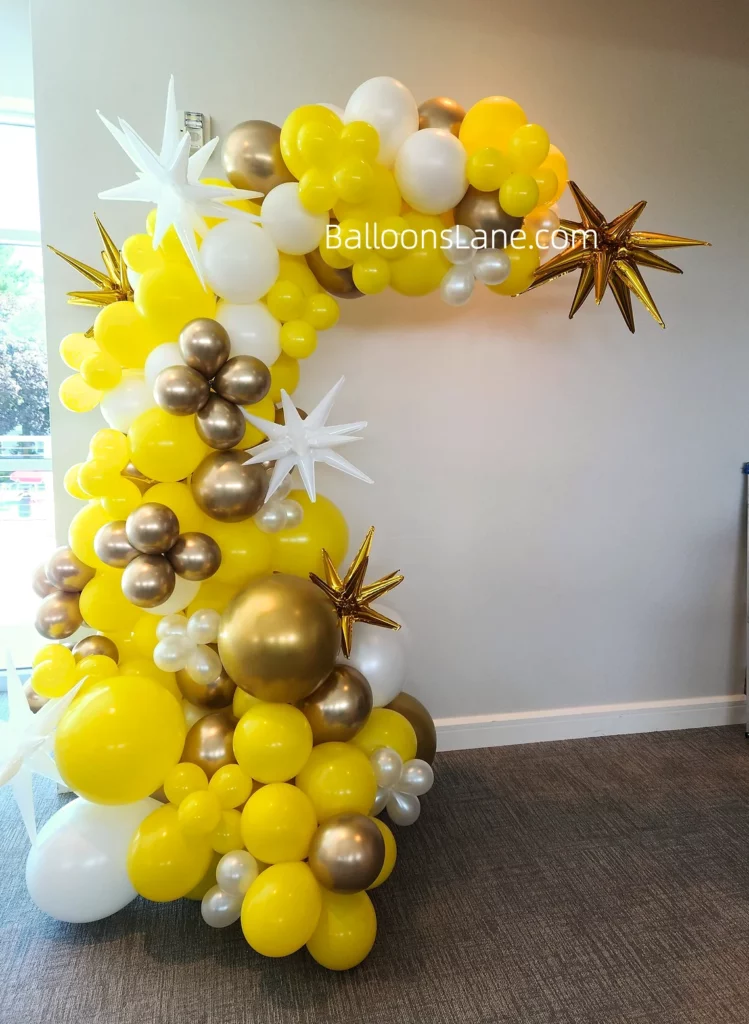 Yellow and Gold Latex Balloons with White Foil Star Balloons Half Arch to Celebrate Birthday in NJ