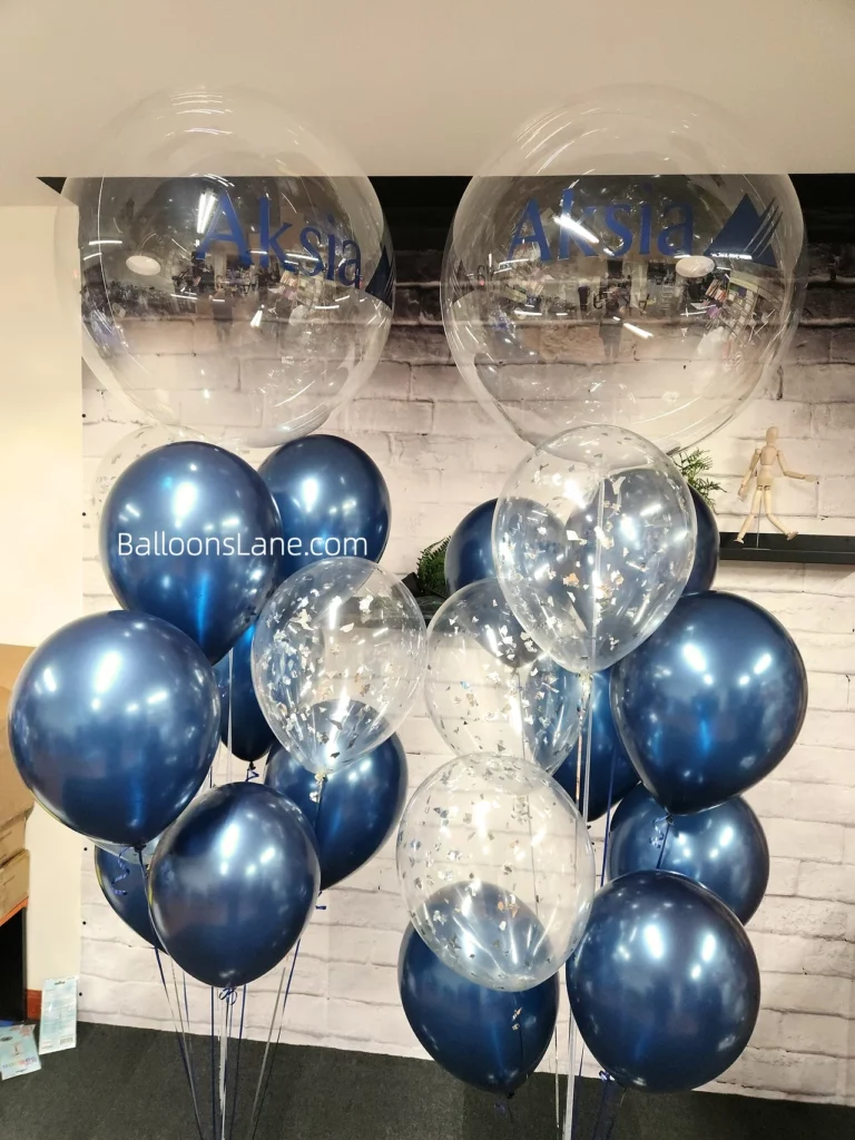 Clear personalized balloons with confetti balloons and chrome blue balloons in NYC