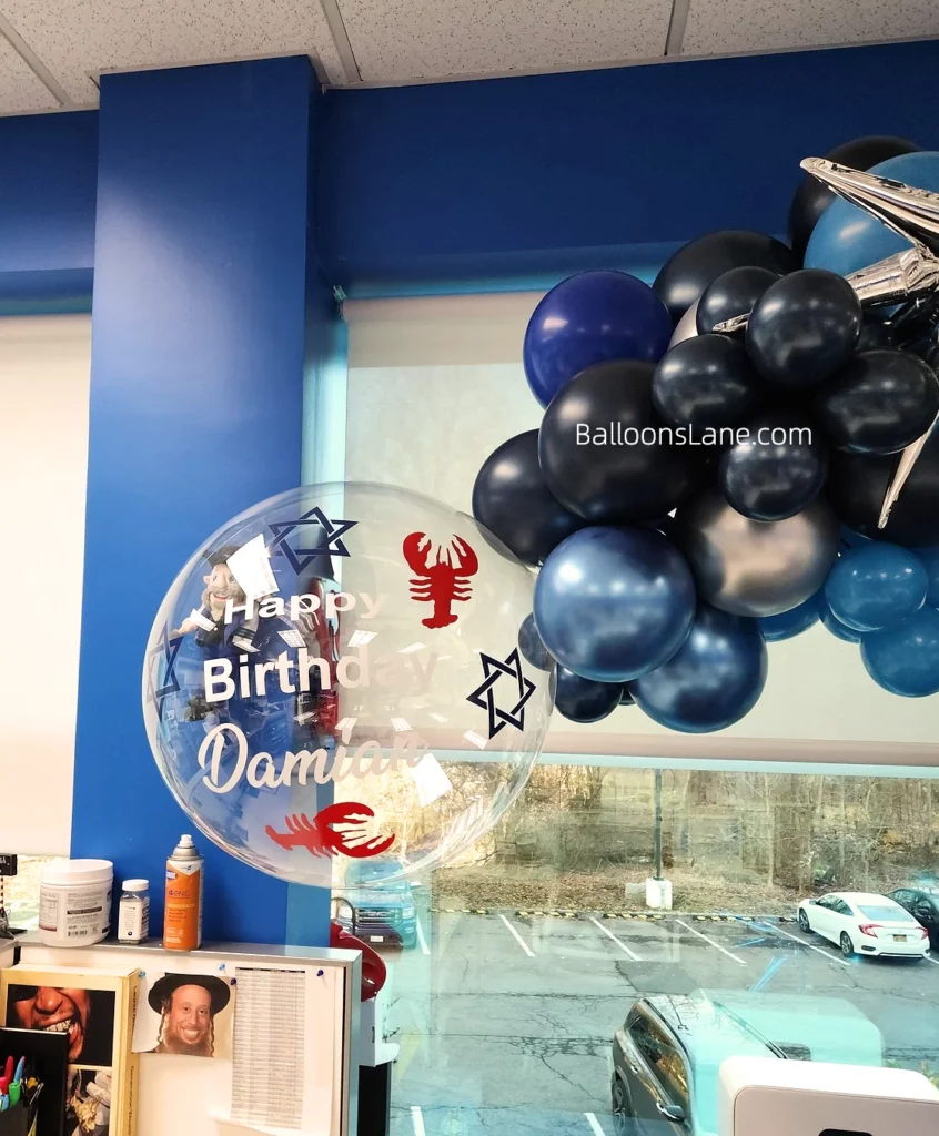 Happy birthday customized balloon with black, silver, and blue chrome balloons in Brooklyn.