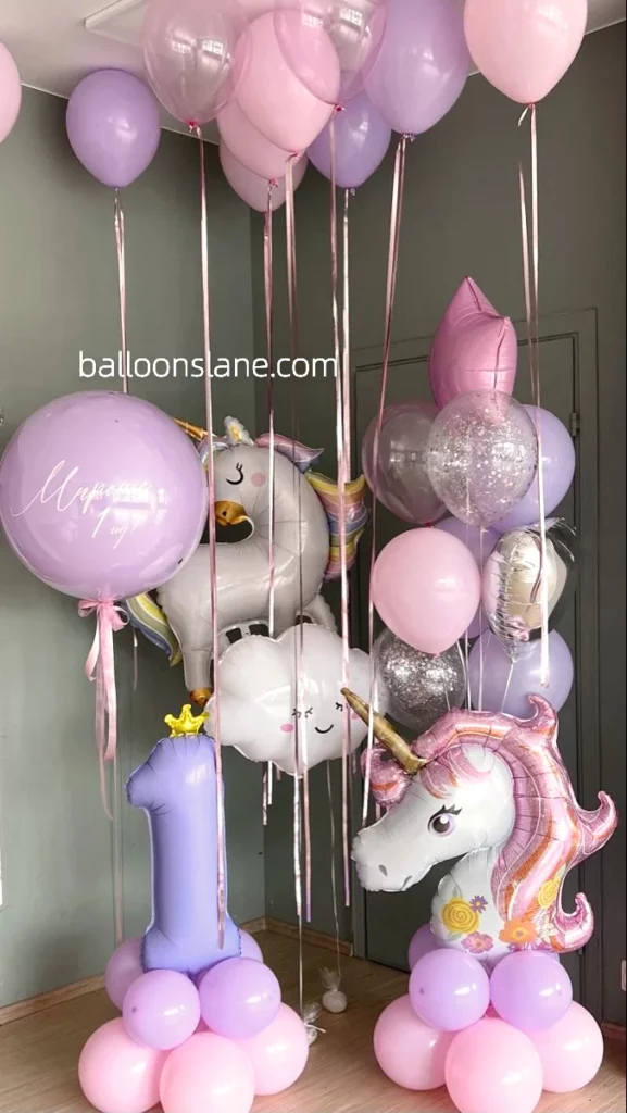 Enchanting Pink Balloon Arrangement with Cat and Horse Foil, Lavender Ceiling Balloon, Crown Balloon, Confetti Number "1" Balloon, and Bouquet in Brooklyn