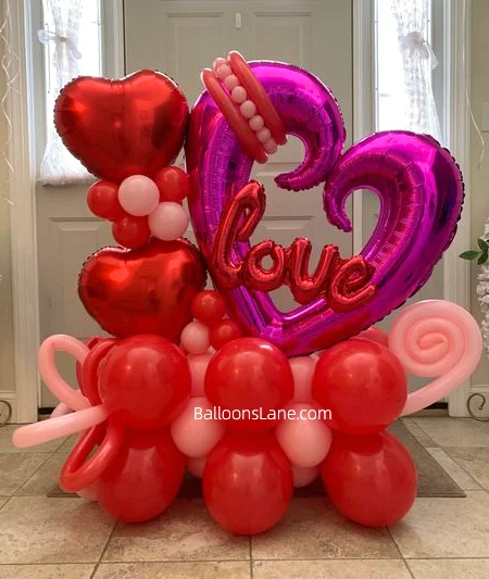 Celebrate Valentine's Day in Manhattan with Love Letter Balloons, Red Heart-Shaped Balloon, Pink Twisted Balloon, and 3D Purple Heart Balloon