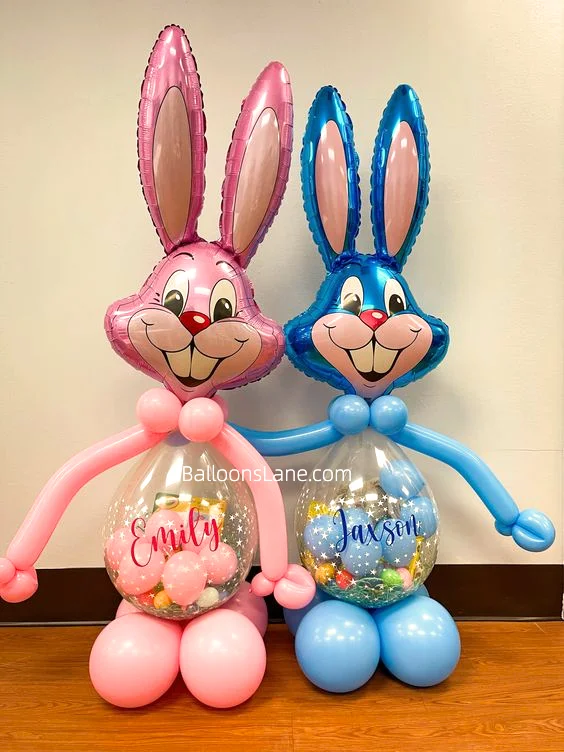 Bunny balloons with clear balloon pockets, accented with blue and pink balloons, are on display in Brooklyn.