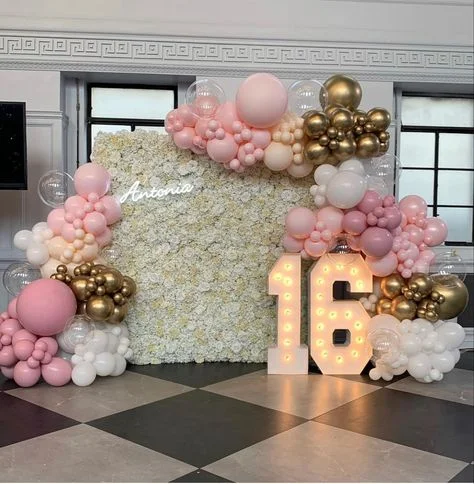 Clear balloon with gold, pink, white, and blush balloons in multiple sizes, creating a backdrop to celebrate your loved ones in NJ.