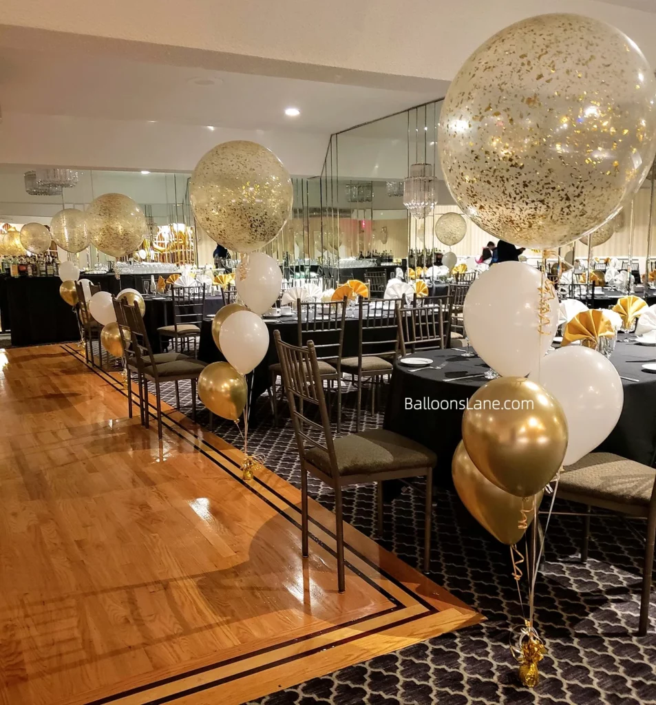 Large Confetti Balloon Stands with White & Gold Latex Balloons for Engagement Celebration in Brooklyn
