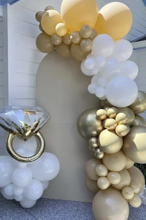 Silver Ring Balloon with Lime, White, and Gold Half Arch Balloon for Engagement Celebration in Staten Island