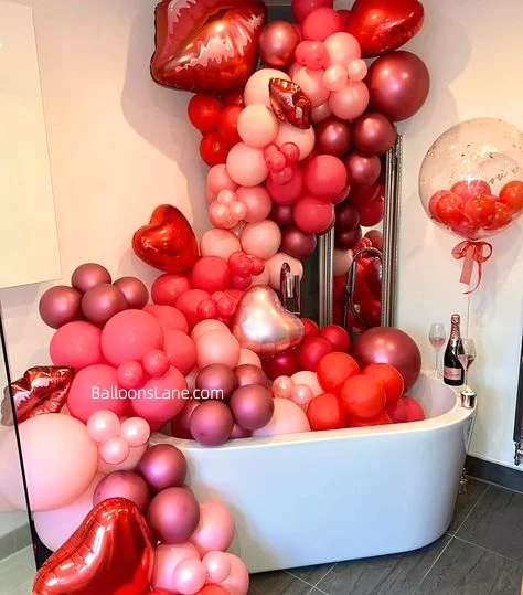Valentine's Day Celebration in New York City with Red, Pink, Purple Latex Balloons, Lips, Heart-Shaped Balloons, and Clear Balloons