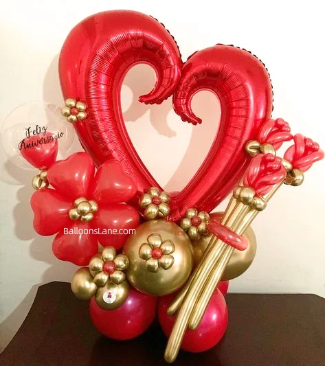 Celebrate Valentine's Day in Manhattan with Flower Balloons, Red Heart-Shaped Balloons, Gold Twisted Balloon, and 3D Purple Heart Balloon