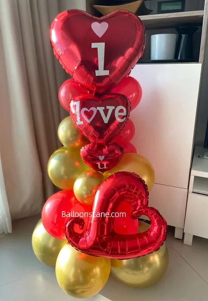 "I Love You" Red Foil Letter Balloons Bouquet with 3D Red Heart Shape Foil Balloons and Gold Balloons in Brooklyn for Valentine's Day Celebration