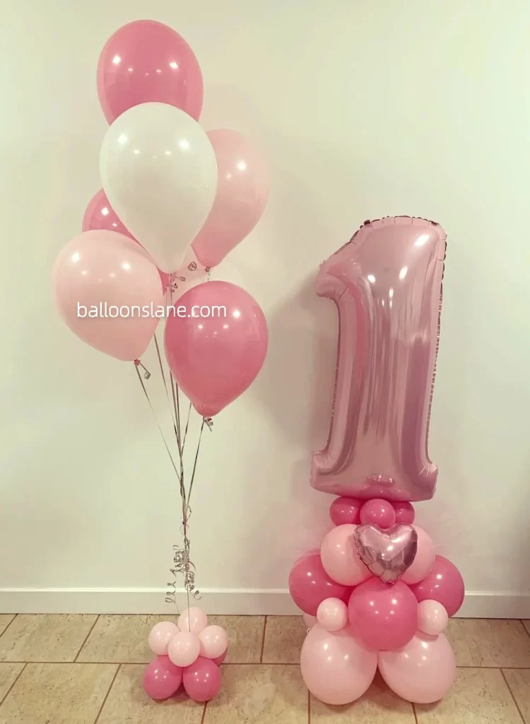 Pink Balloon Arrangement with Large Number "1" Balloon and Bouquet in NJ