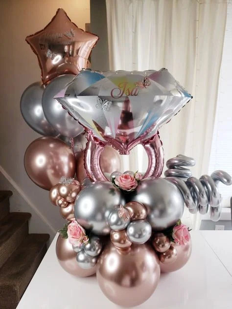 Beautiful Balloon Bouquet in Pink and Silver Latex Balloons, Customized Ring Balloon, and Foil Star Balloon in New Jersey