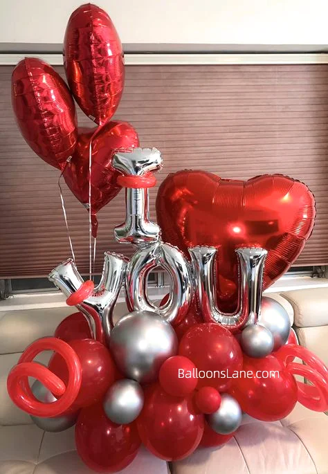 "I Love You" Letter Balloon Bouquet with Red Heart Shape Foil Balloon and Red Twisted Balloon in Brooklyn for Valentine's Day Celebration