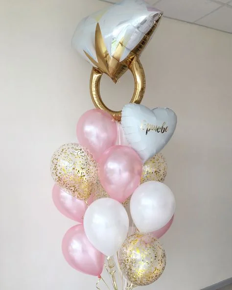 Engagement Balloon Bouquet Featuring Pink Latex Balloons, Customized Rings, Pink and White Latex Balloons, Along with White Heart-Shaped Balloons in New York