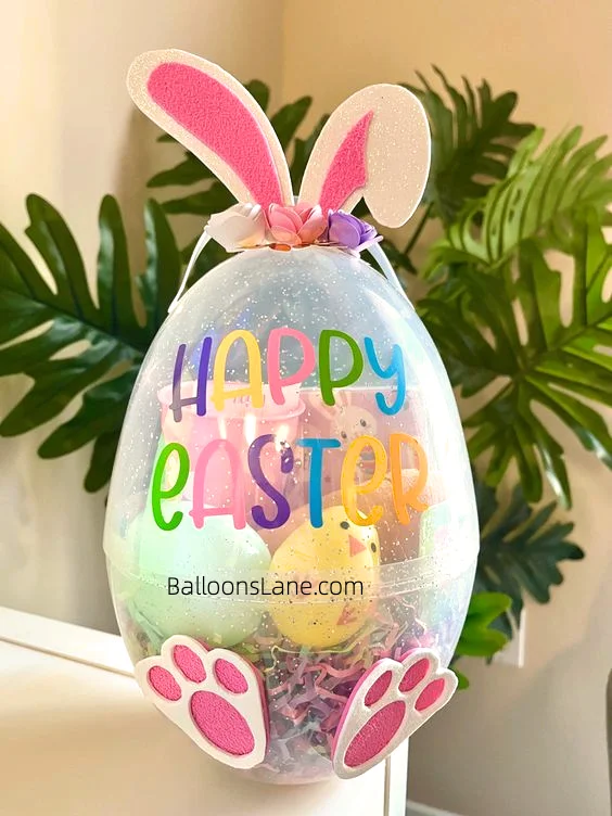 A cheerful Easter customized balloon featuring a clear pocket, set in Brooklyn.