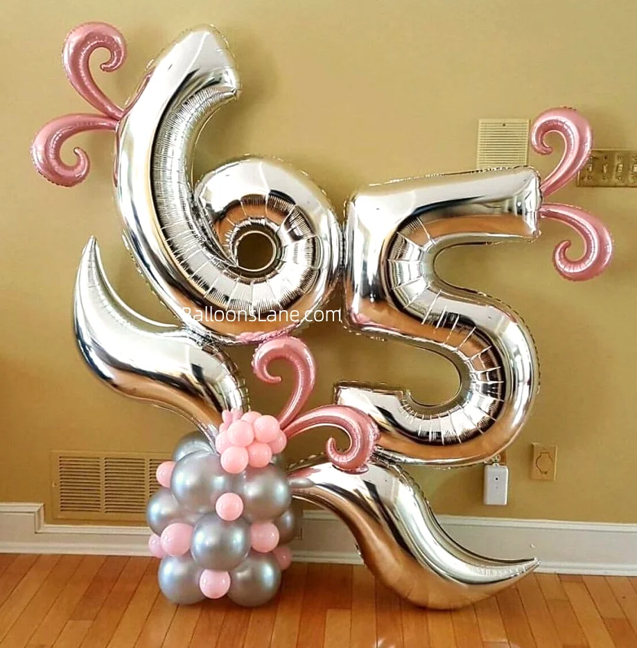 65 Silver Balloon Backdrop with Pink and Silver Flower Balloons