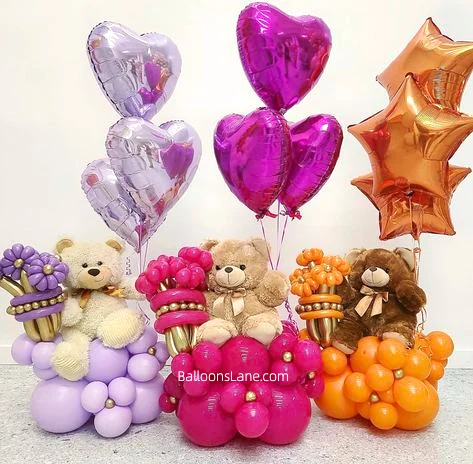 Vibrant Balloon Cluster with Purple, Silver, and Gold Heart and Star Shaped Balloons, Lavender, Pink, and Yellow Latex Balloons