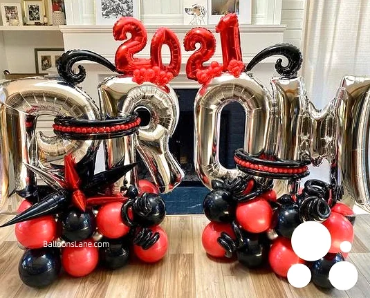 Customized Graduation Celebration with 2021 Red Mylar Balloons, Red Stars, Silver, Black, and Red Latex Balloons, and Silver Letter Balloons.