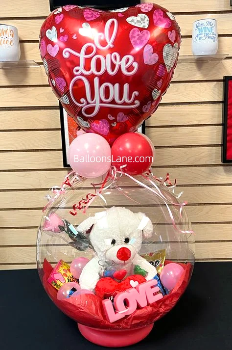 Valentine's Day Celebration in Brooklyn with "I Love You" Red Foil Balloon and Bubble Balloon Wrapped with Bear Balloon