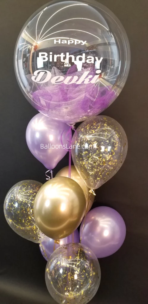 Happy Birthday Feather Customized Balloon with Gold Latex and Gold Confetti Balloon, Accompanied by Lavender Balloons to Celebrate 1st Birthday in NJ