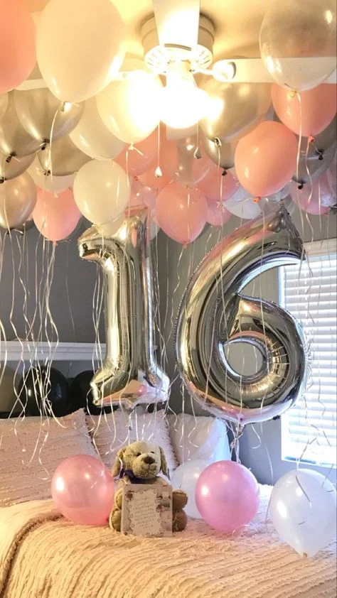Sweet 16 Celebration with Ceiling Balloons in Pink and White, Featuring Number 1 & 6 Balloons in Staten Island by Balloons Lane