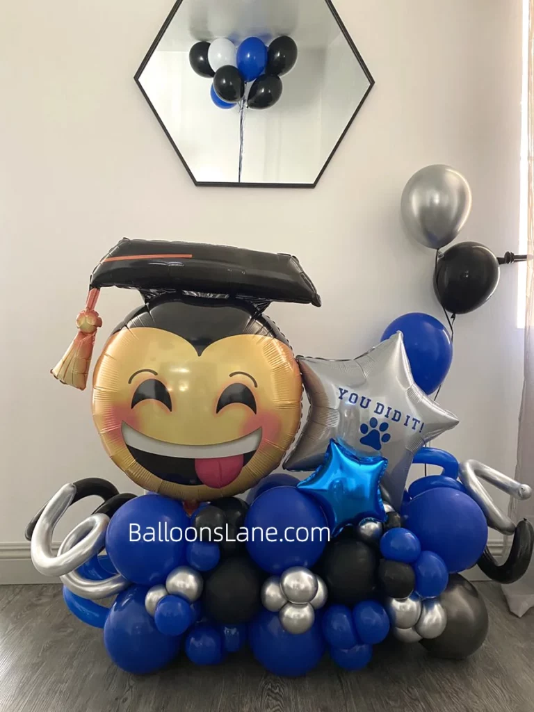 Graduation-themed Balloon Arrangement with Blue Latex Balloon, Silver Star Balloon, and Black, Silver, Blue Balloon Cluster in Brooklyn, NJ