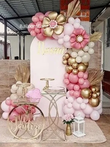 Half Arch of Pink and Gold Latex Balloons with Flower Balloons in NYC to Celebrate Birthday