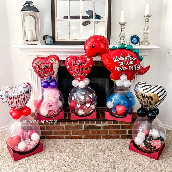 Dino-Military Love-Themed Balloon Decor with Heart-Shaped Balloons and Red/Pink Balloons to Celebrate Valentine's Day in NJ