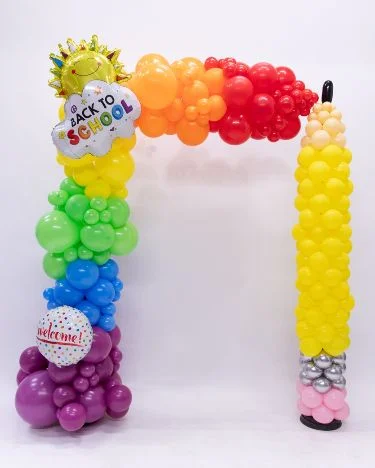 Energetic Back-to-School Balloon Display in NJ: Arch Clusters of Red, Blue, Orange, Yellow, Green, and Purple Balloons