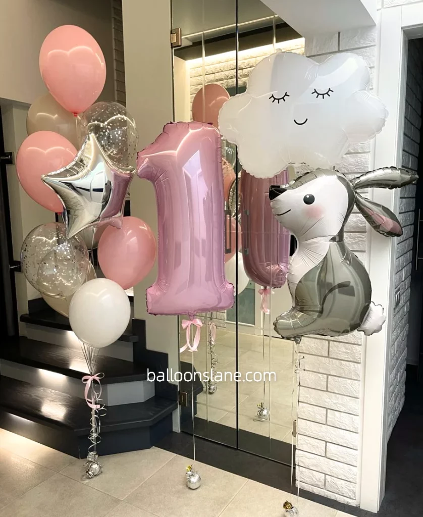 Enchanting Pink Balloon Arrangement with Cloud and Rabbit Foil, Star Foil Balloon, Crown Balloon, Confetti Number "1" Balloon, and Bouquet in New York City