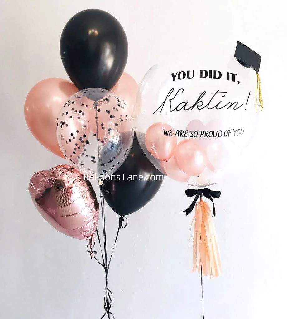 "You Did It" Customized Balloon Bouquet with Black, Confetti, and Rose Gold to Celebrate Graduation in Manhattan