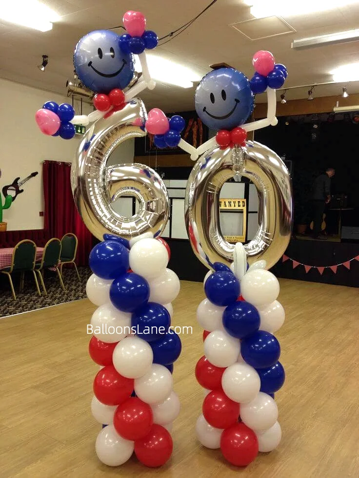 "Sixty" Number Balloon with Red, White, and Blue Balloon Column and Emoji Balloon Twist in Brooklyn