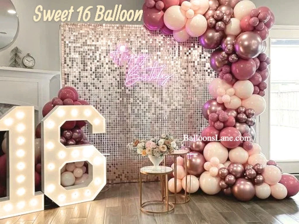 Sweet 16 birthday balloons Half Arch in Chrome Rose Gold Pink balloons in Staten Island.