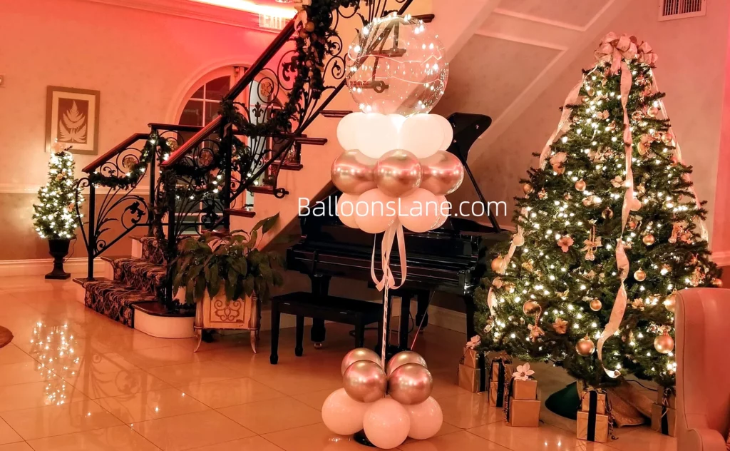Christmas Balloon Column with Bubble Balloon and Gold Latex Balloons in Brooklyn