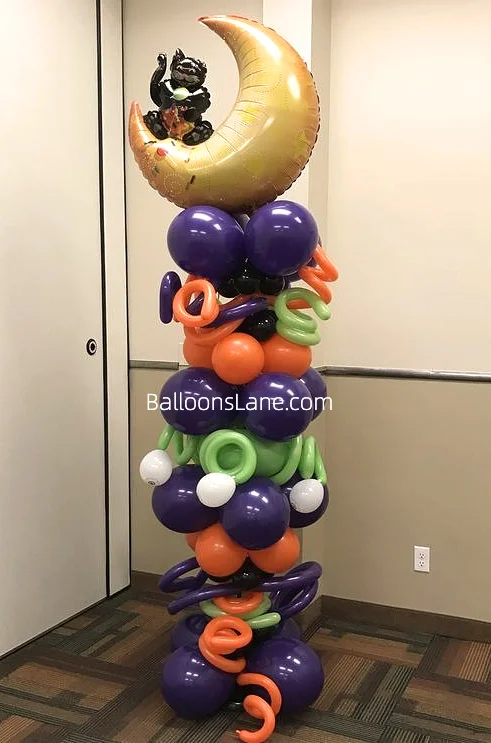Halloween Balloon Column with Orange, Blue, and Black Balloons in NYC