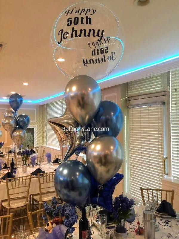 Customized balloons celebrating a 50th birthday, accompanied by silver chrome and blue chrome star balloons in blue and silver colors, perfect for celebrations in NJ.