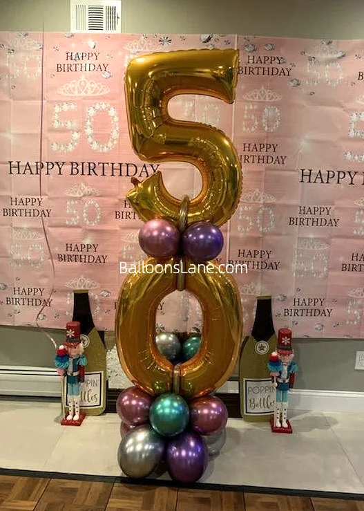 50" Gold Number Balloon with Chrome Green, Silver, and Purple Balloon Bouquet for 50th Birthday in NJ