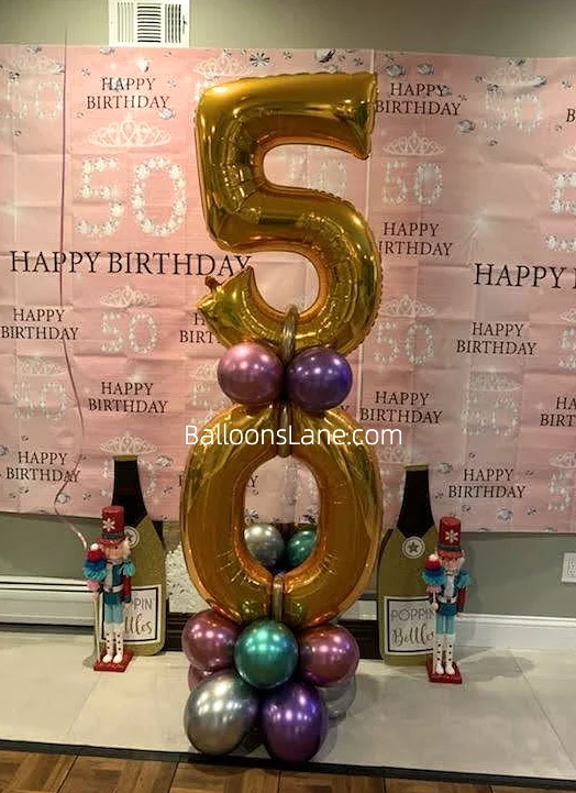 "50" Gold Number Balloon with Chrome Green, Silver, and Purple Balloon Bouquet for 50th Birthday in NJ