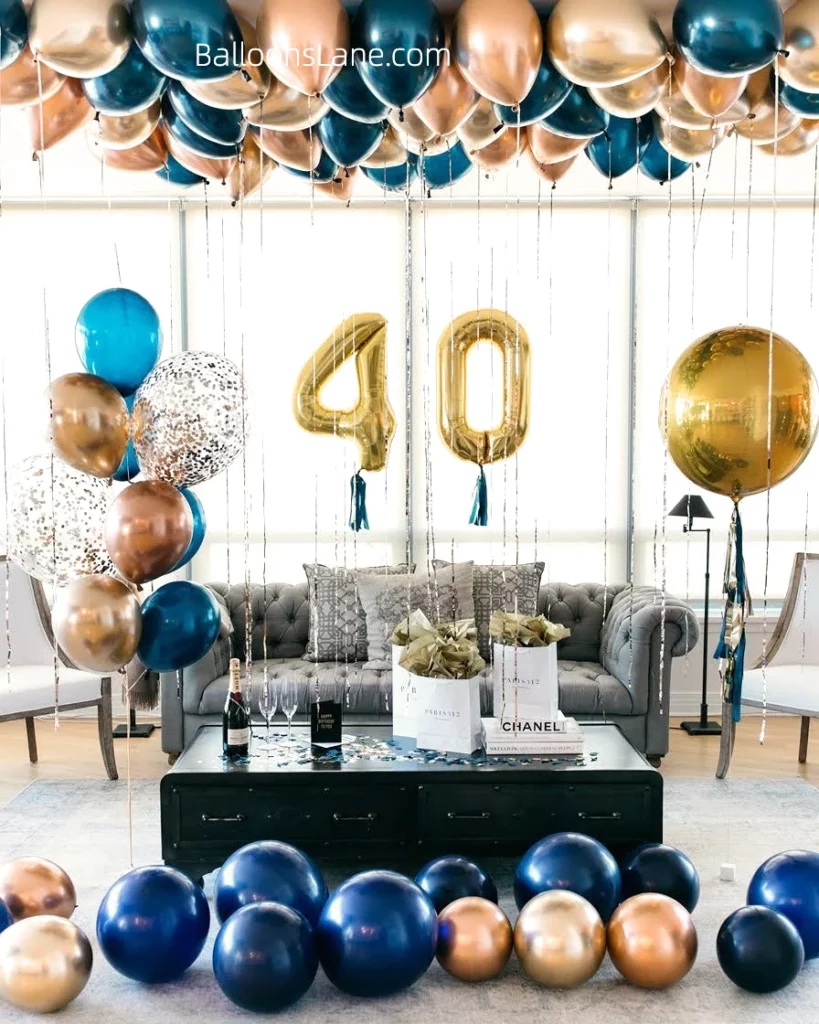 Gold Forty Number Balloon with Rose Gold and Blue Ceiling Balloon Bouquet in Brooklyn