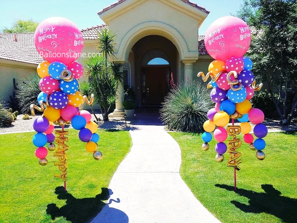 Large Pink Balloon with Green, Pink, Blue, Orange, and Purple Balloons in NJ to Celebrate Birthday