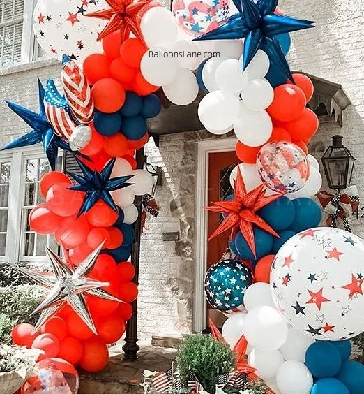 Memorial Day balloons arch with red and blue flag theme balloons and red star balloons