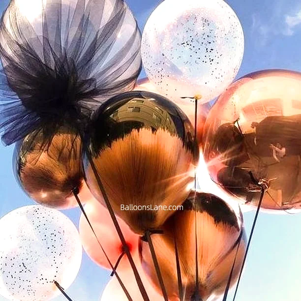 New Year Balloon Bouquet with textured balloon and feather balloons in Brooklyn