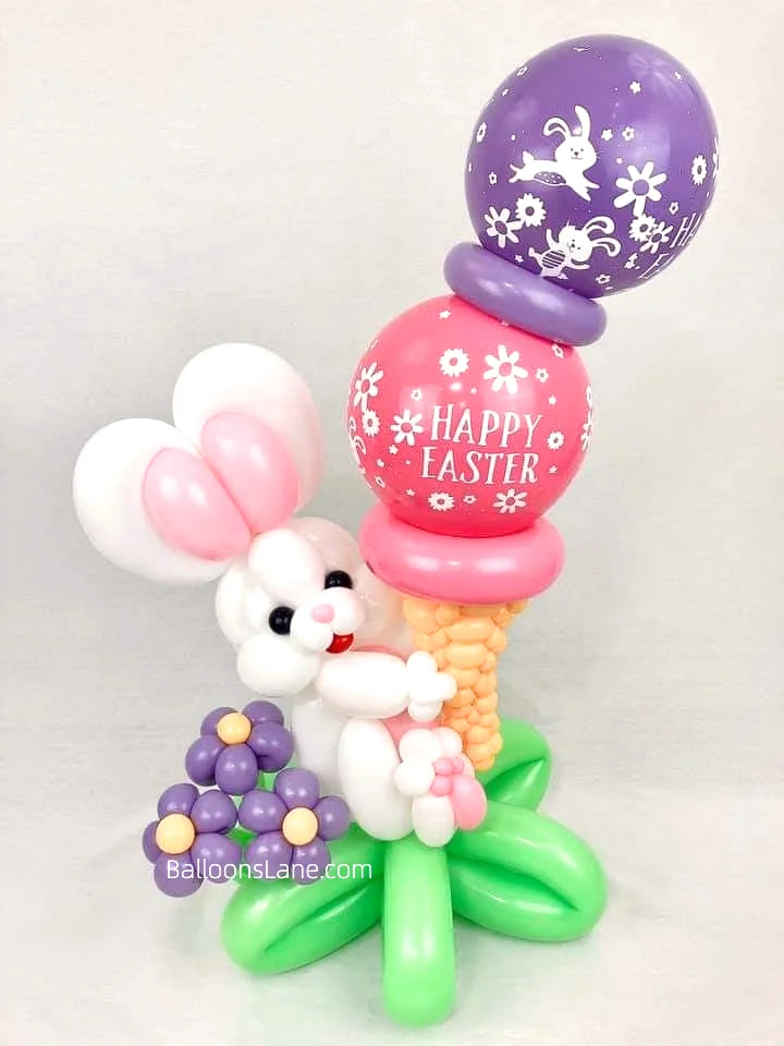Bunny balloons with customized "Happy Easter" balloon, twisted balloon, and balloon capes, displayed in Brooklyn.