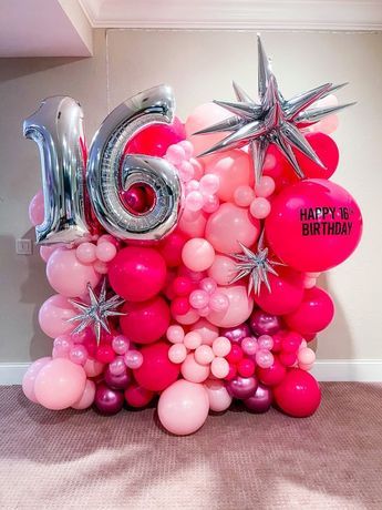sweet 16 celebration at Pearl Magenta, Rose baby pink in multiple sizes along with star balloon and 1& 6 number balloon in New York